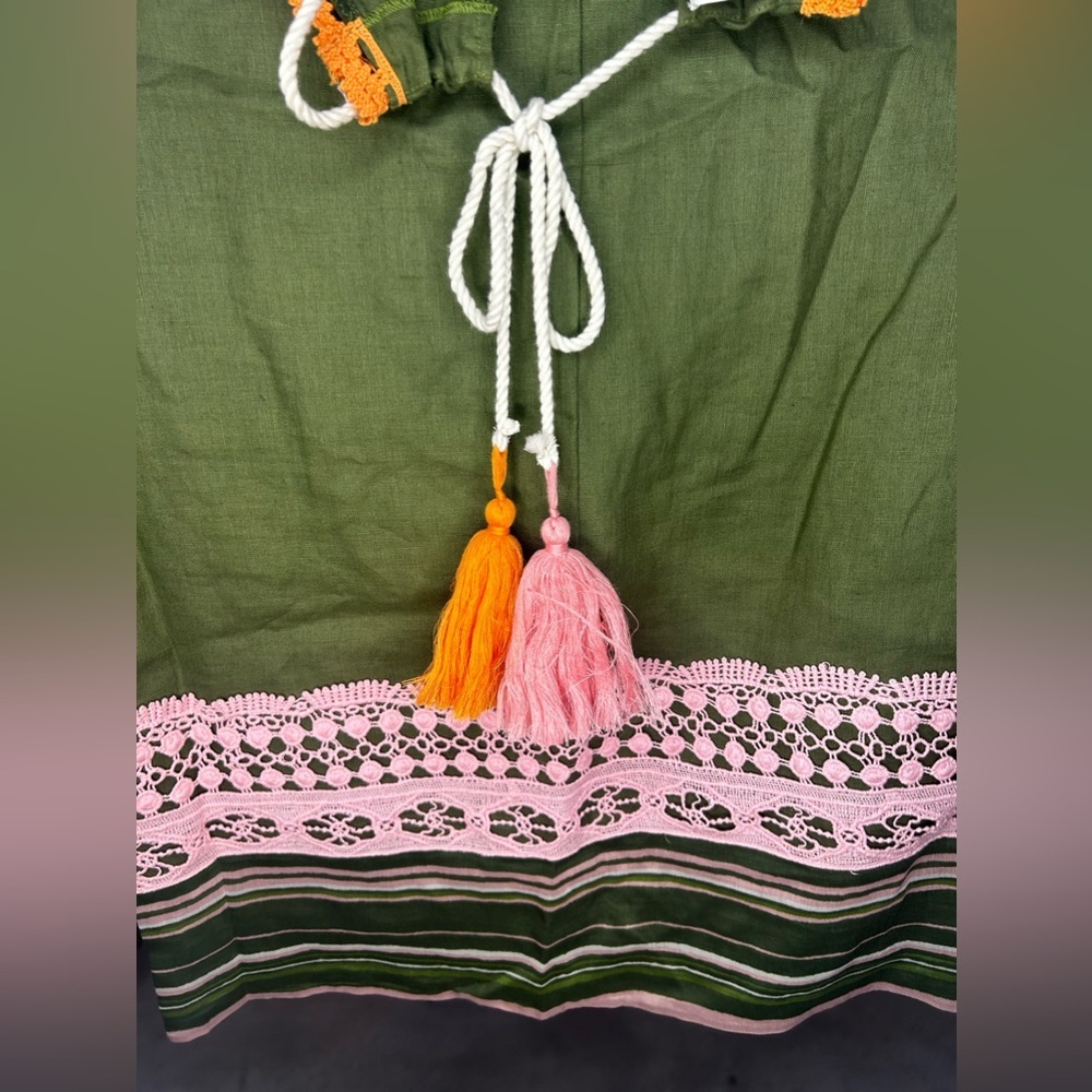 Women’s Raffaela D’Angelo Green Linen Floral Tassel Rope Tunic Dress Size Small - Picture 7 of 7